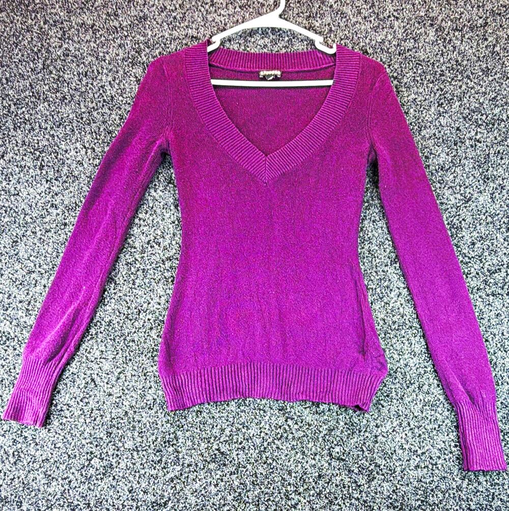 Express Women's Purple Ribbed Knit V-Neck Pullover Sweater Long Sleeve Size S